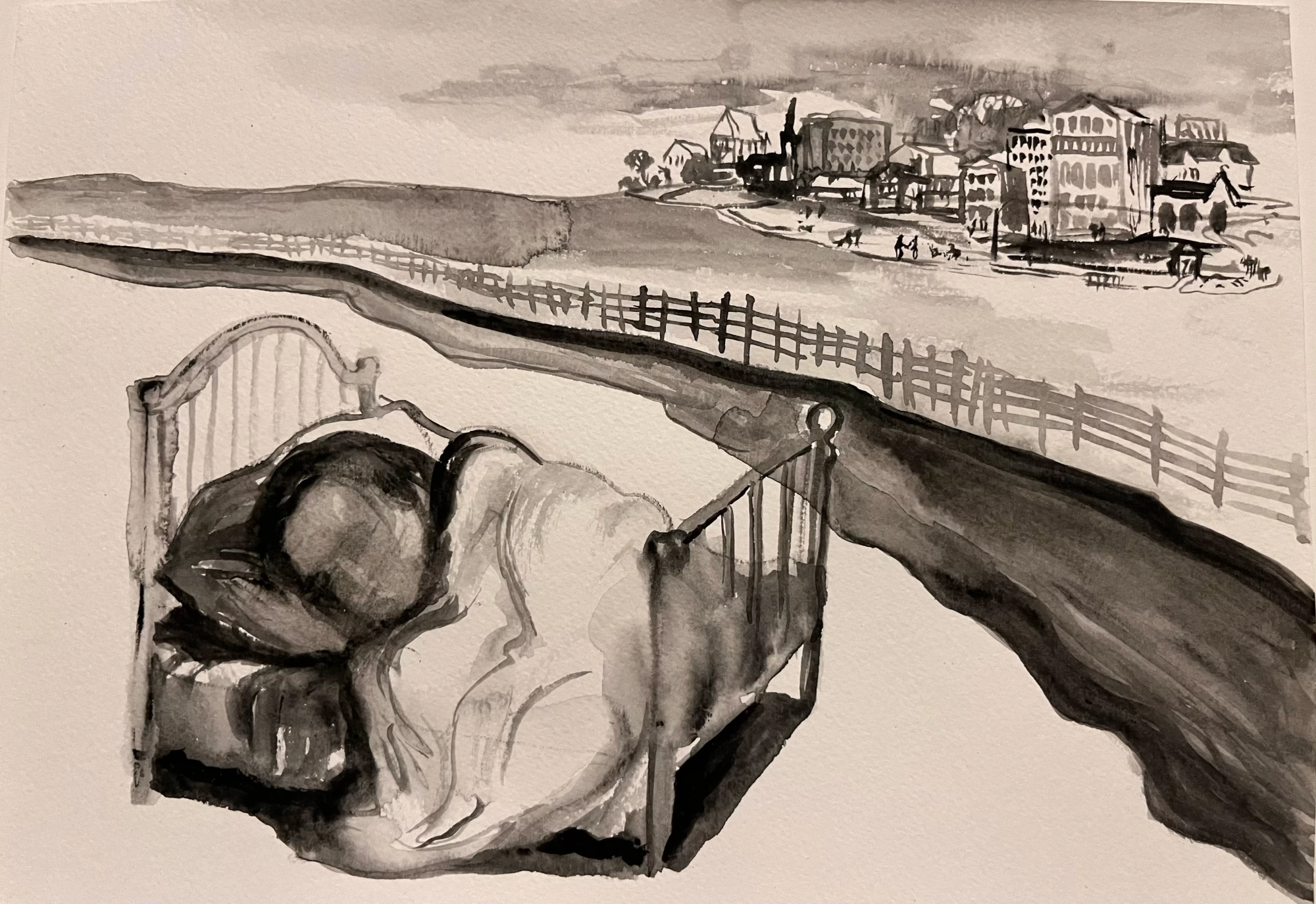 Ink drawing of a figure in a bed with buildings and coastline in the background