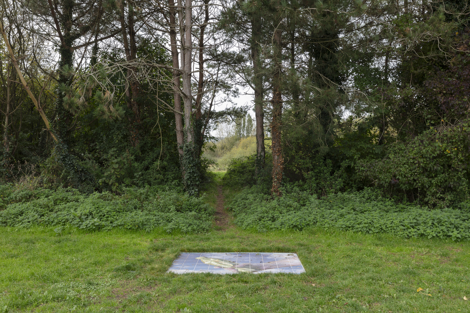 A photo of a hand holding a bronze object against a cloudy sky is printed onto tiles and embedded in the grass at Shinewater Park